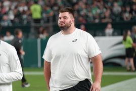 PHILADELPHIA, PA – AUGUST 17:Philadelphia Eagles guard Landon Dickerson (69) looks on during the preseason game between