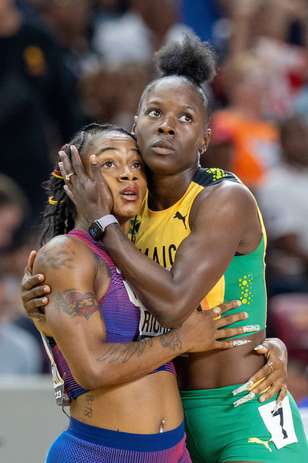 (230825) &#8212; BUDAPEST, Aug. 25, 2023 &#8212; Sha Carri Richardson (L) of the United States and Shericka Jackson of Jamaica rea