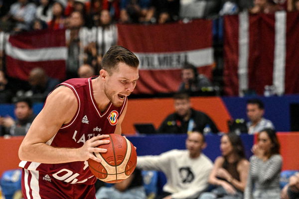 (230828) &#8212; JAKARTA, Aug. 28, 2023 &#8212; Dairis Bertans of Latvia reacts during the Group H match between Latvia vs France