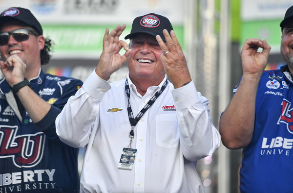 FORT WORTH, TX &#8211; SEPTEMBER 24: Rick Hendrick of Hendrick Motorsports poses for a picture in victory lane after the NASCA