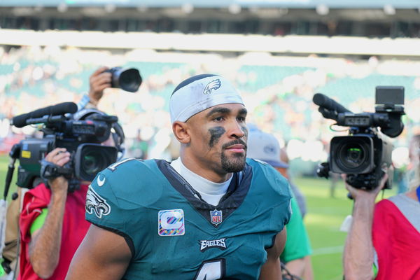 PHILADELPHIA, PA &#8211; OCTOBER 01: Philadelphia Eagles quarterback Jalen Hurts (1) looks on during the game between the Phil