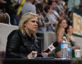 February 1, 2024: ESPN reporter Holly Rowe looks on from behind the baseline during a Big 12 womenââ¬â ¢s basketball g
