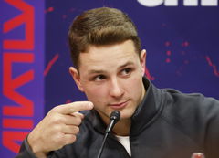 San Francisco 49ers Brock Purdy speaks to the media at Super Bowl LVIII Opening Night at Allegiant Stadium in Las Vegas,