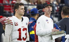 San Francisco 49ers quarterback Brock Purdy (13) and head coach Kyle Shanahan watch from the sideline during the third q