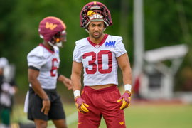 July 24 2024: Washington Commanders running back Austin Ekeler (30) looks on during the Washington Commanders training c
