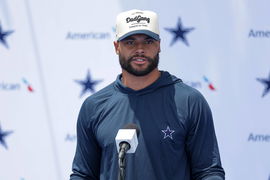 OXNARD, CA &#8211; JULY 25: Dallas Cowboys quarterback Dak Prescott (4) speaks with reporters during the team s training camp