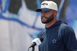 OXNARD, CA &#8211; JULY 25: Dallas Cowboys quarterback Dak Prescott (4) speaks with reporters during the team s training camp