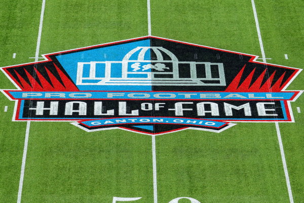 CANTON, OH – AUGUST 01: The Hall of Fame logo at midfield prior to the National Football League preseason game between t