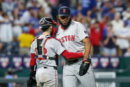 August 6, 2024: Boston Red Sox catcher Connor Wong (12) and Boston Red Sox relief pitcher Kenley Jansen (74) celebrate t