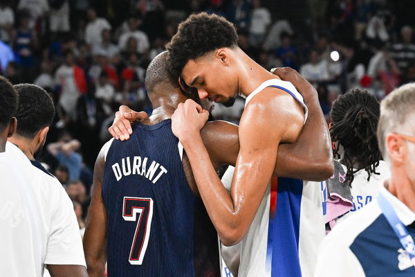 Paris 2024 &#8211; Team USA Wins Gold In Mens Basketball Kevin Durant and Victor Wembanyama during the Men s Basketball Final