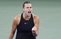 Aryna Sabalenka celebrates after winning a point in the second set before defeating Elise Mertens of Belgium in the 4th