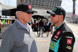 ATLANTA, GA &#8211; SEPTEMBER 07: Denny Hamlin ( 11 Joe Gibbs Racing Mavis Tire Toyota) talks with team owner Joe Gibbs on pit