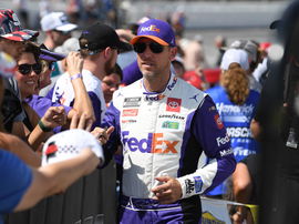 TALLADEGA, AL &#8211; OCTOBER 06: Denny Hamlin ( 11 Joe Gibbs Racing FedEx One Rate Toyota) looks on prior to the running of t