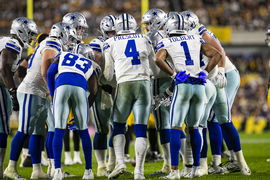 PITTSBURGH, PA &#8211; OCTOBER 06: Dallas Cowboys quarterback Dak Prescott (4) calls a play in the huddle during the regular s