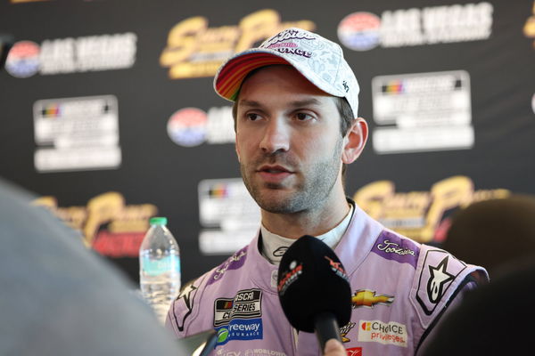 LAS VEGAS, NV &#8211; OCTOBER 19: Daniel Suarez ( 99 Trackhouse Racing Tootsies Orchid Lounge Chevrolet) answers questions fro