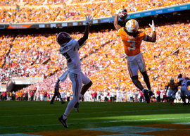 October 19, 2024: Jermod McCoy 3 of the Tennessee Volunteers intercepts a pass intended for Ryan Williams 2 of the Alaba