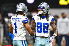 ATLANTA, GA Ð NOVEMBER 03: Dallas wide receiver CeeDee Lamb (88) greets wide receiver Jalen Tolbert (1) prior to the sta