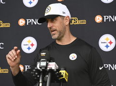 Aaron Rodgers Speaks to Reporters at Steelers Mini Camp in PIttsburgh