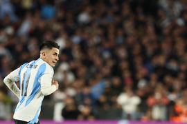 Argentina s national team, Nationalteam midfielder Thiago Almada celebrates after scoring a goal against Colombia during