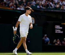 250630 Carlos Alcaraz of Spain looks dejected when competing in a first round singles tennis match during day 1 of Wimbl