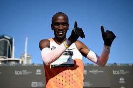 2025 SYDNEY MARATHON, Elite Male marathon legend Ethiopian Eliud Kipchoge celebrates after crossing the finish line duri