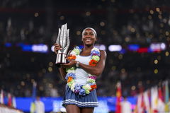 WUHAN, CHINA &#8211; OCTOBER 12: Champion Coco Gauff of the United States celebrates with the trophy at the award ceremony aft
