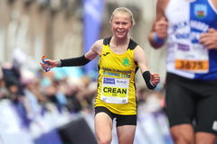 Ava Crean on her way to crossing the finish line to win the Women&#8217;s national title at the 2025 Irish Life Dublin Marathon 26/10/2025
