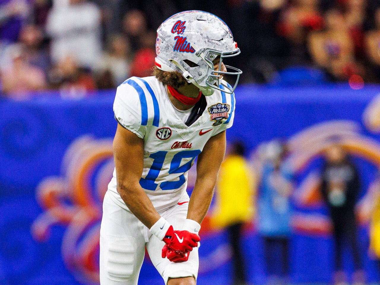 Mississippi wide receiver Cayden Lee 19 during NCAA, College League, USA football game action between the Ole Miss Rebels and the Georgia Bulldogs at Caesars Superdome in New Orleans, Louisiana.