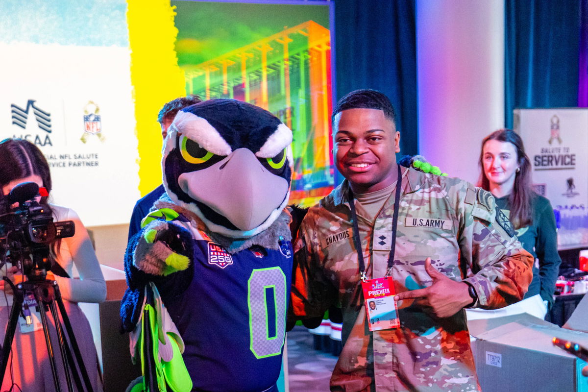 SAN FRANCISCO, CA - FEBRUARY 04: Seattle Seahawks mascot Blitz poses for a photo with a US Army member during an NFL, American Football Herren, USA Salute to Service event ahead of Super Bowl LX on February 4, 2026 at Moscone Center in San Francisco, CA. Photo by Matthew Huang/Icon Sportswire NFL: FEB 04 Salute to Service Project EDITORIAL USE ONLY Icon260204002