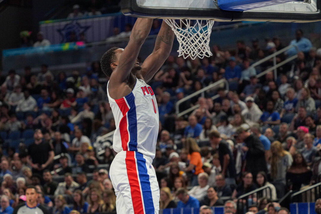 Detroit Pistons at Orlando Magic, Orlando, Florida, USA Orlando, Florida, USA, April 6, 2026, Detroit Pistons center Jalen Duren 0 makes a dunk at the Kia Center. Copyright: xMartyxJean-Louisx