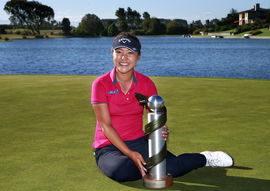 01 03 2015 Clearwater New Zealand Lydia Ko poses with the trophy following play at the ISPS Handa