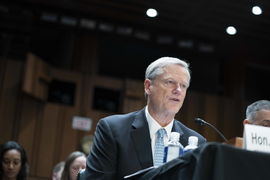 President of the National Collegiate Athletic Association (NCAA) Charlie Baker speaks during a Senate Judiciary Committe