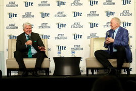 January 1, 2024: Former Dallas Cowboys coach Jimmy Johnson, left, and Cowboys owner Jerry Jones talk during a news confe