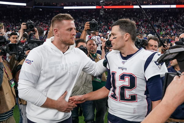 HOUSTON, TX &#8211; DECEMBER 01: Houston Texans defensive end J.J. Watt (99) and New England Patriots quarterback Tom Brady (1