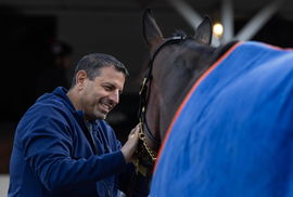 Syndication: USA TODAY Owner Mike Repole interacts with his horse, Kentucky Derby favorite, Fierceness, on the backside