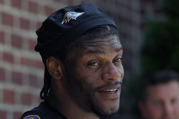 May 22, 2024, Owings Mills, Md, USA: Baltimore Ravens quarterback Lamar Jackson speaks with media members after a team O