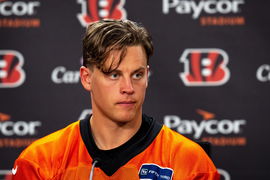 Syndication: The Enquirer Cincinnati Bengals quarterback Joe Burrow (9) looks on during a press conference after at the