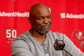 January 5, 2026, Tampa, Florida, USA: Tampa Bay Buccaneers head coach Todd Bowles speaks to reporters at the AdventHealt