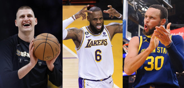 Nikola Jokic (L), LeBron James (M) and Stephen Curry (R) Collage