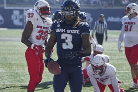 Mt West Football Utah State and New Mexico October 19 2024: Aggies running back Rahsul Faison (3) scores a touch down du
