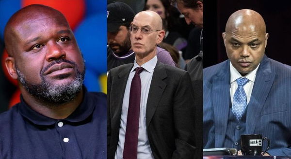 Shaquille O&#8217;Neal (L), Adam Silver (M) and Charles Barkley (R) Collage