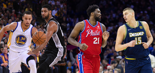 Stephen Curry, Tim Duncan, Joel Embiid and Nikola Jokic Collage